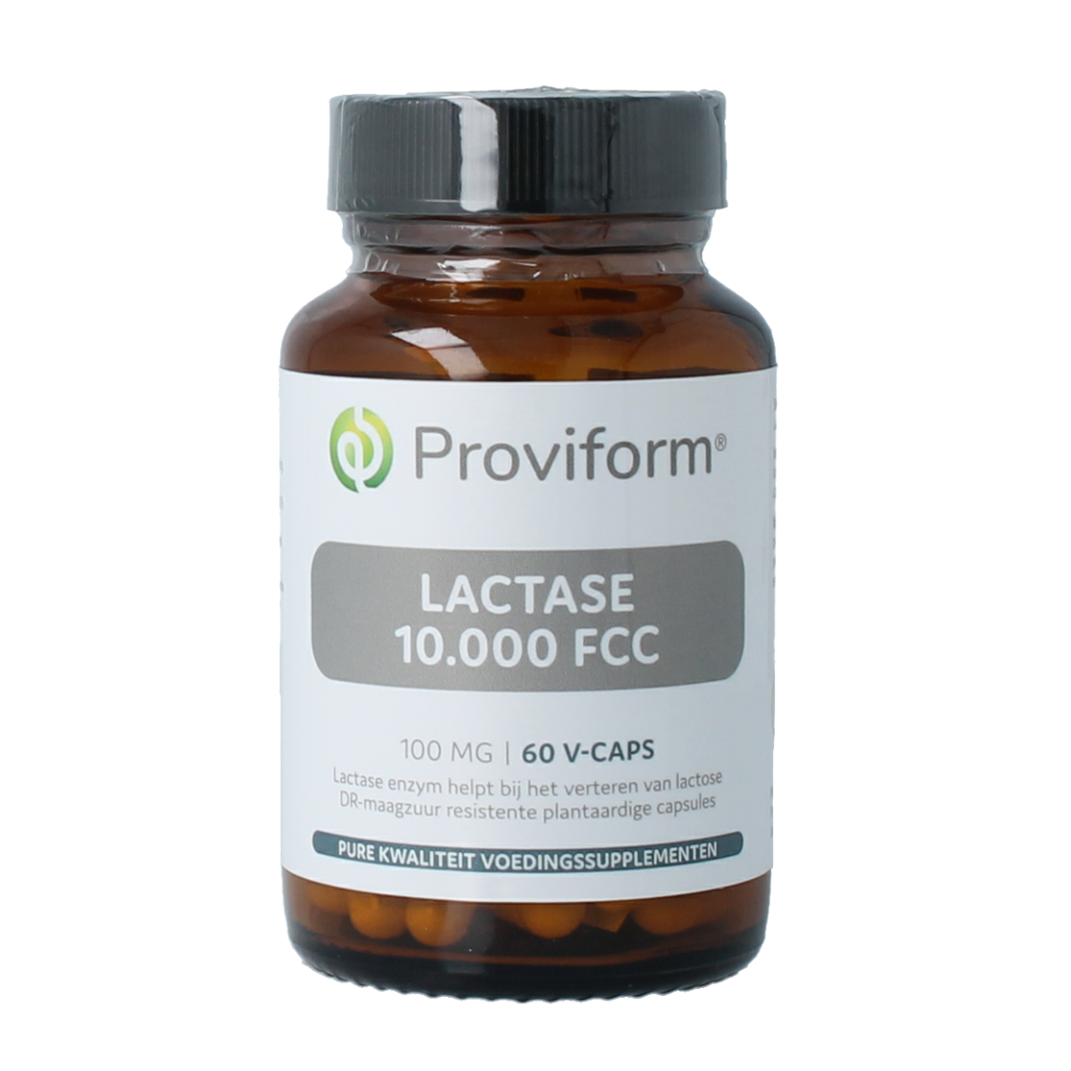 Proviform Lactase 10,000 FCC vegetarian capsules, dietary supplement for lactose digestion, with bottle and capsules visible.