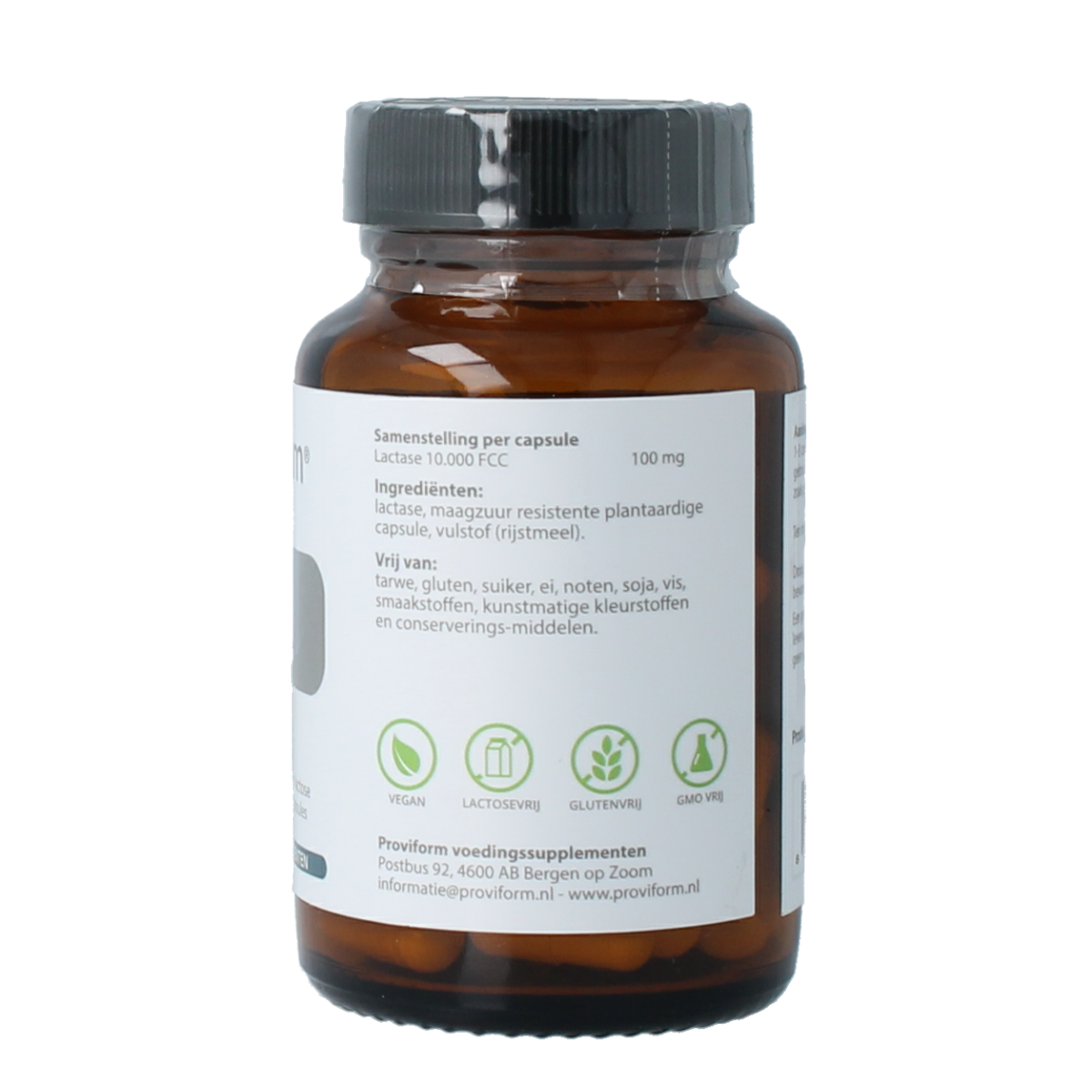 Proviform Lactase 10,000 FCC vegetarian capsules, dietary supplement for digestion support, shown in a bottle with capsules.