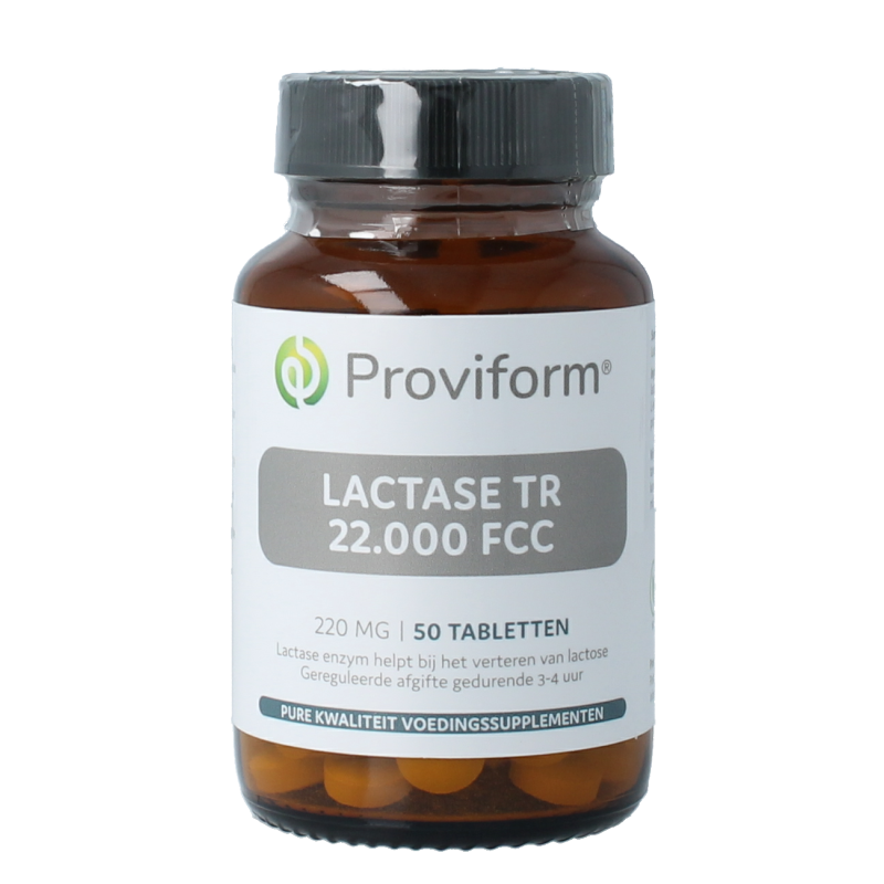Proviform Lactase TR 22,000 FCC dietary supplement bottles with 50 tablets, providing digestive support.