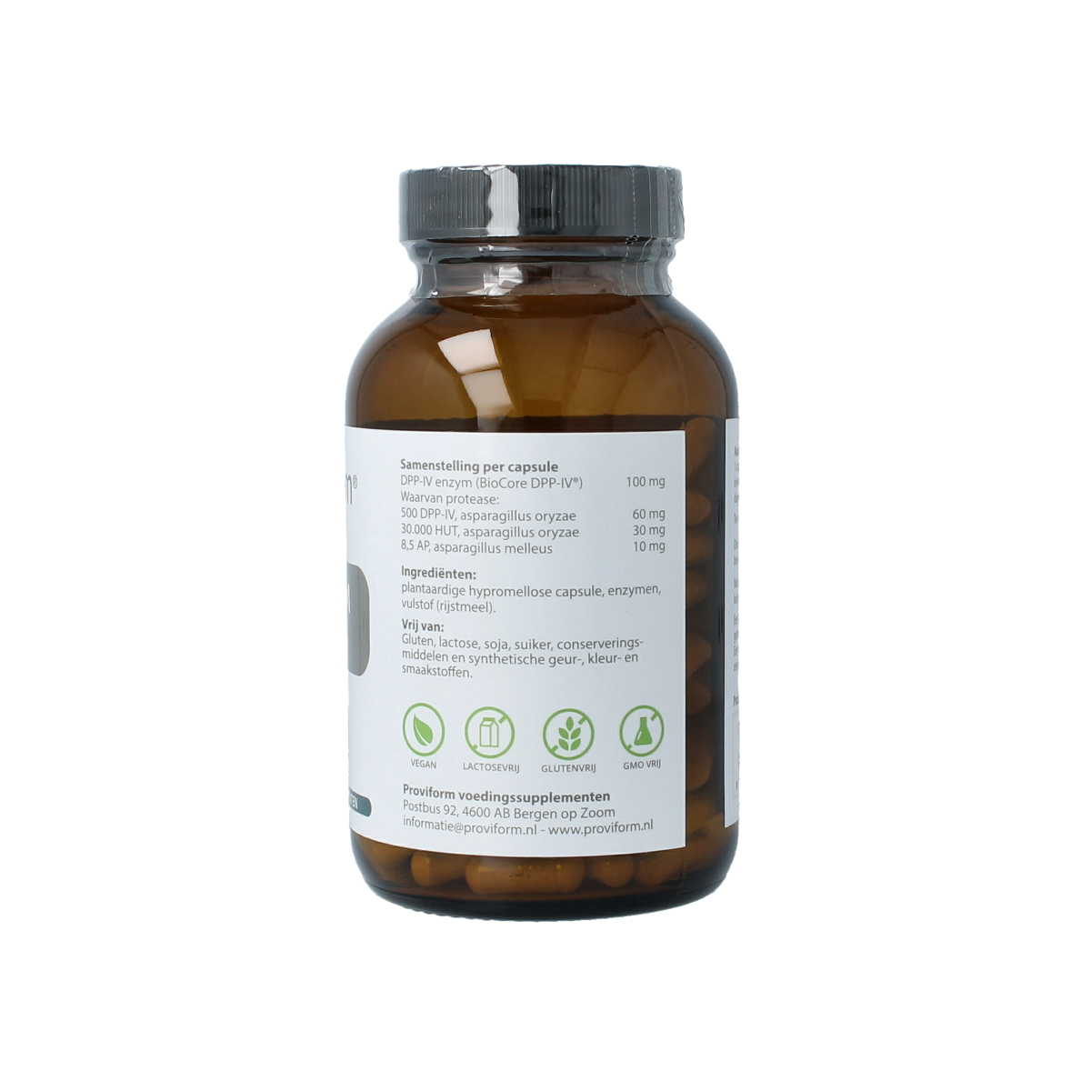 Proviform DPP-IV biocore enzyme capsules, 100mg vegetarian dietary supplement, bottle with label showing supplement details.