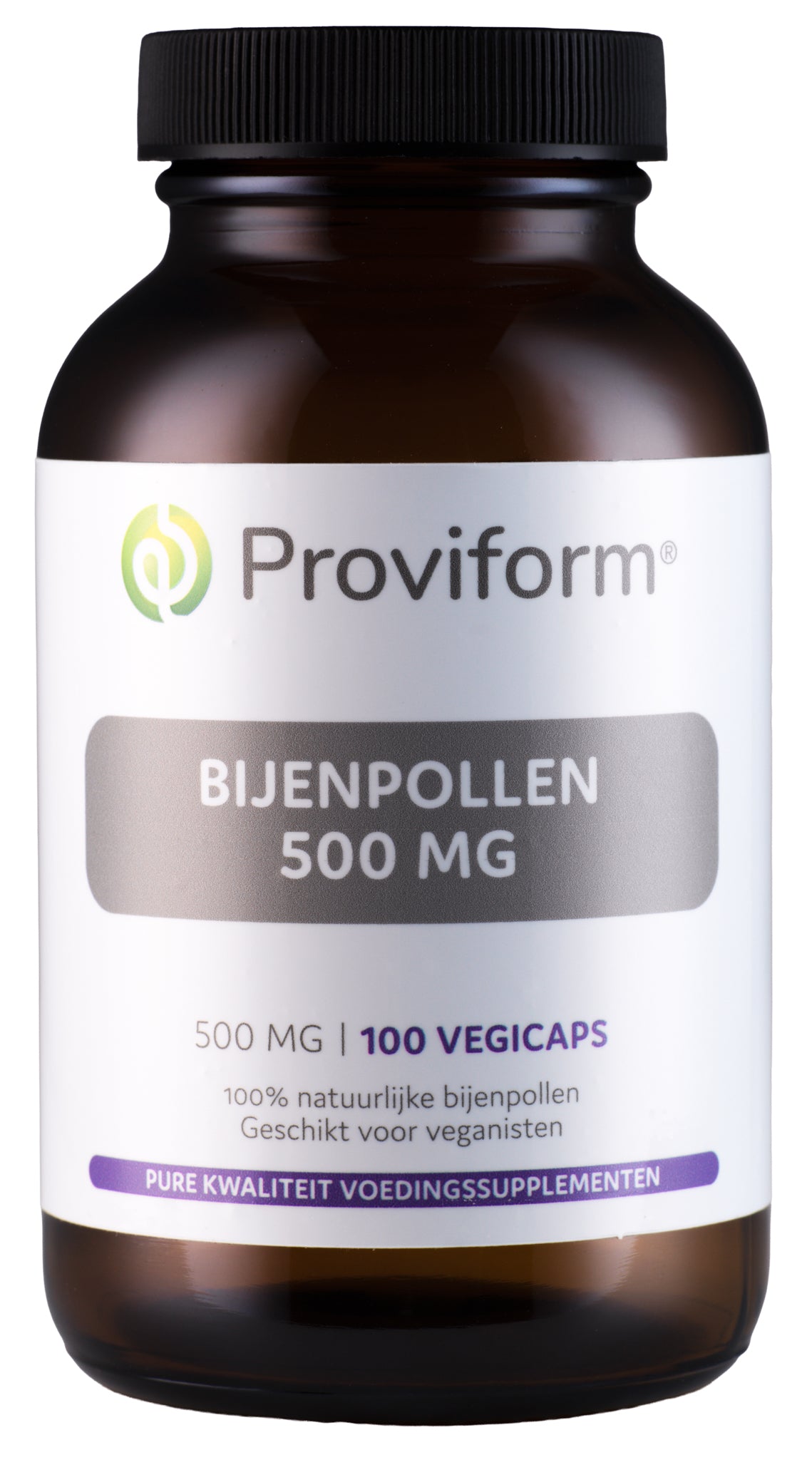 Proviform bijenpollen capsules in a white bottle, 500mg vegetarian herbal supplement for natural wellness.