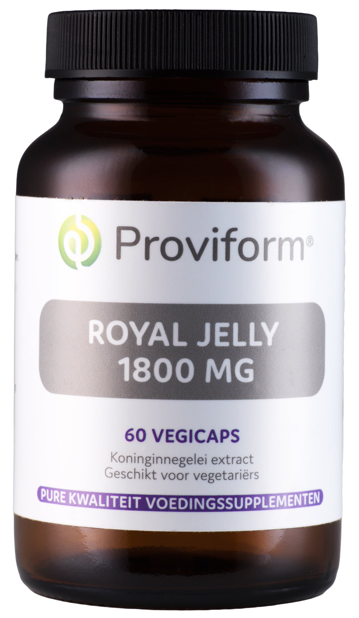 Proviform Royal Jelly Extra Sterk 1800 mg vegetarian capsules, herbal supplement in a plastic bottle with capsules inside.
