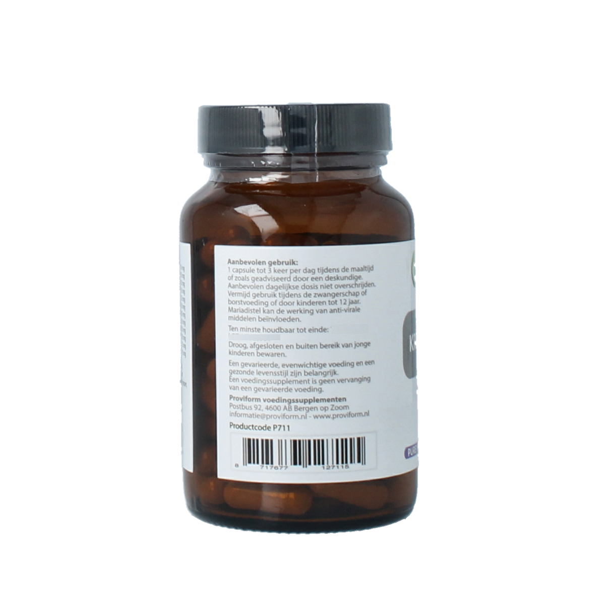 Proviform Kruidencomplex vegetarian capsules, herbal supplement in a clear bottle with capsules visible inside.