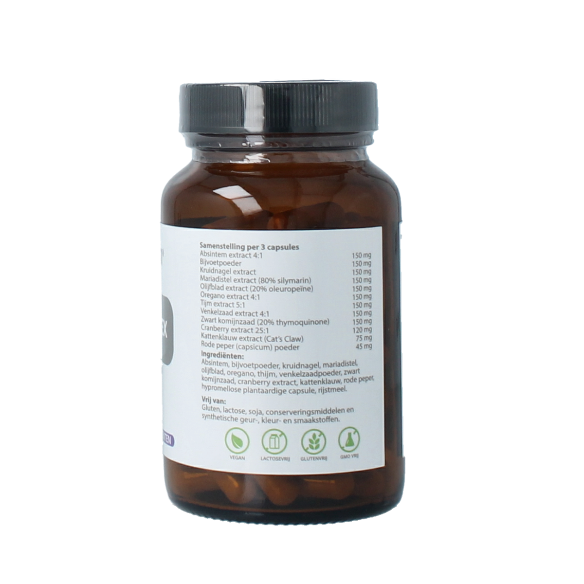 Proviform Kruidencomplex vegetarian capsules, herbal supplement in a white bottle with green label and capsules inside.