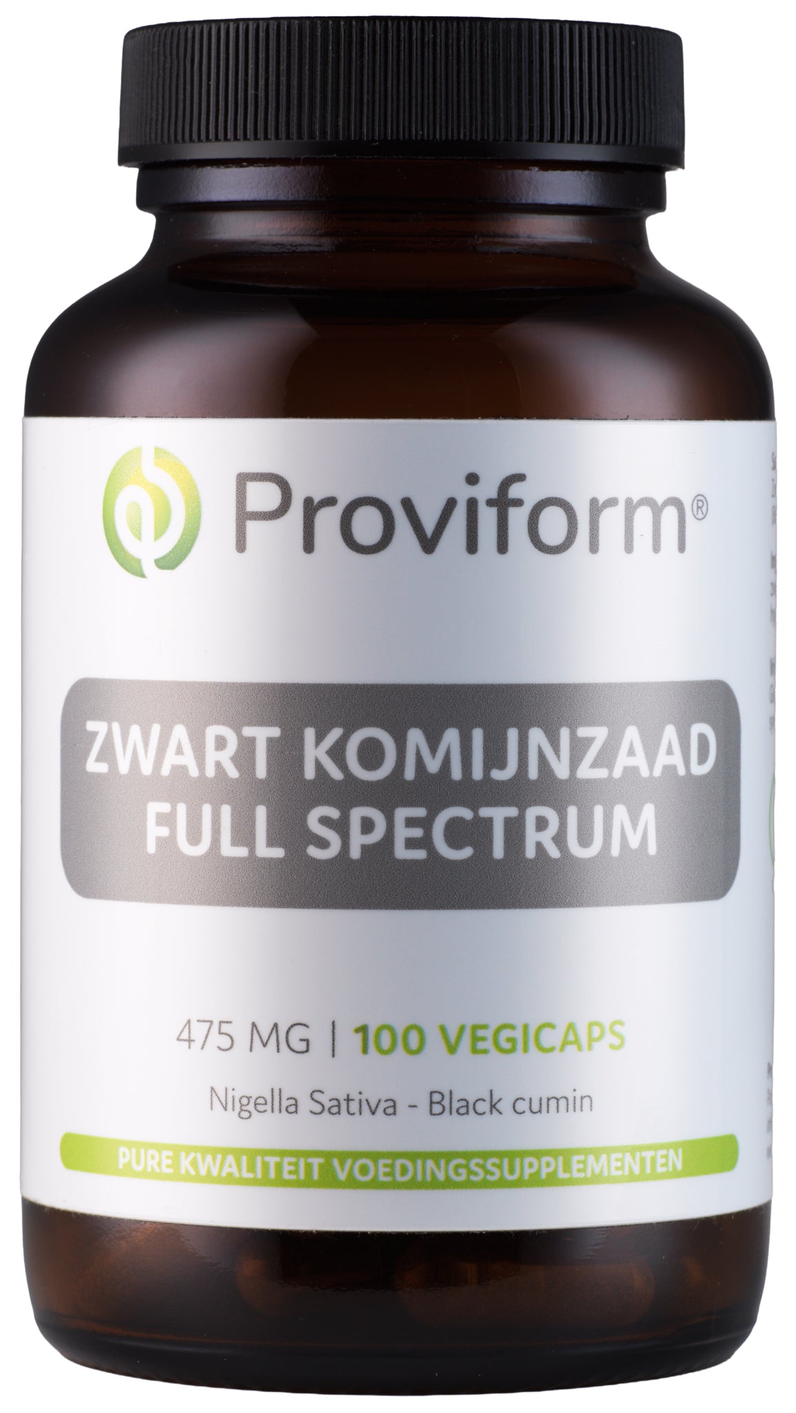 Proviform black cumin seed capsules, full spectrum 475mg, vegetarian herbal supplement, shown in a bottle with capsules.