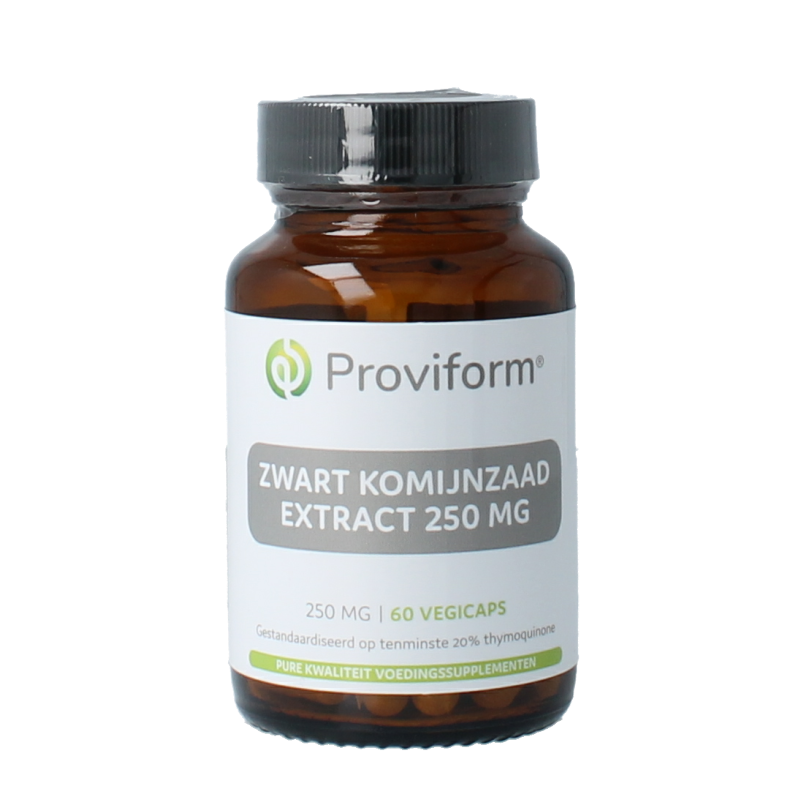 Proviform Zwart komijnzaad capsules, 250mg with 20% thymoquinone, 60 vegetarian capsules for herbal supplement use.