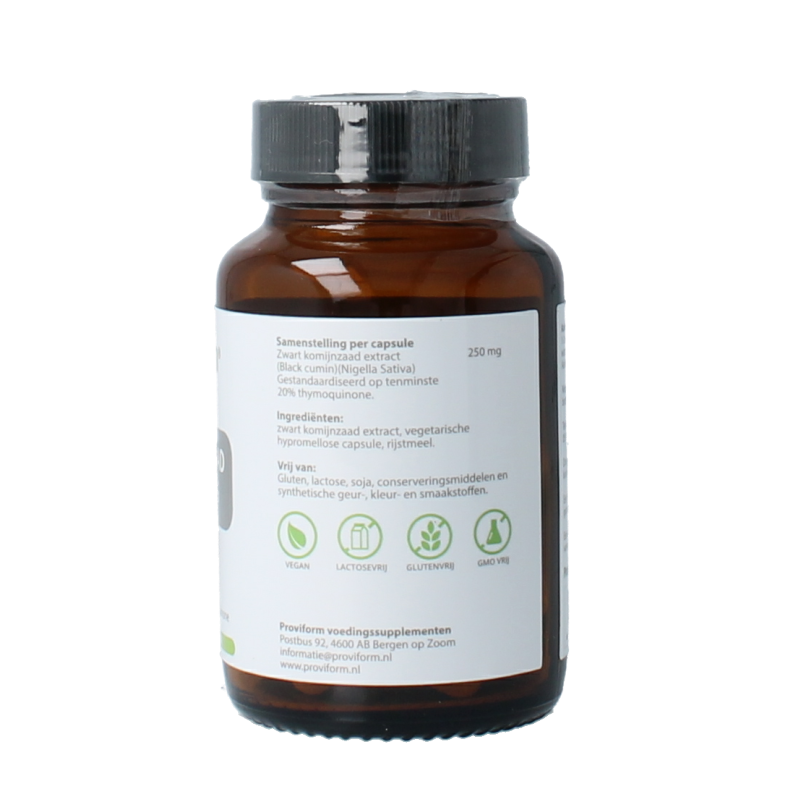 Proviform zwart komijnzaad capsules with 250mg of black cumin seeds, containing 20% thymoquinone, in a bottle of 60 vegetarian capsules.