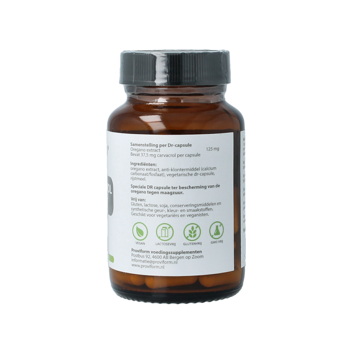 Proviform Oregano Carvacrol extract vegetarian capsules, herbal supplement in a clear jar with capsules visible inside.