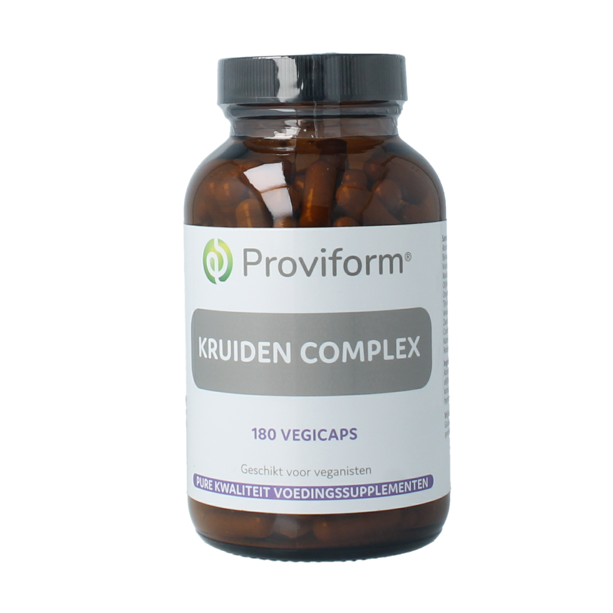 Proviform Kruidencomplex vegetarian capsules, herbal supplement in clear bottle with label, featuring green and white design elements.