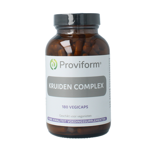 Proviform Kruidencomplex vegetarian capsules, herbal supplement in clear bottle with label, featuring green and white design elements.