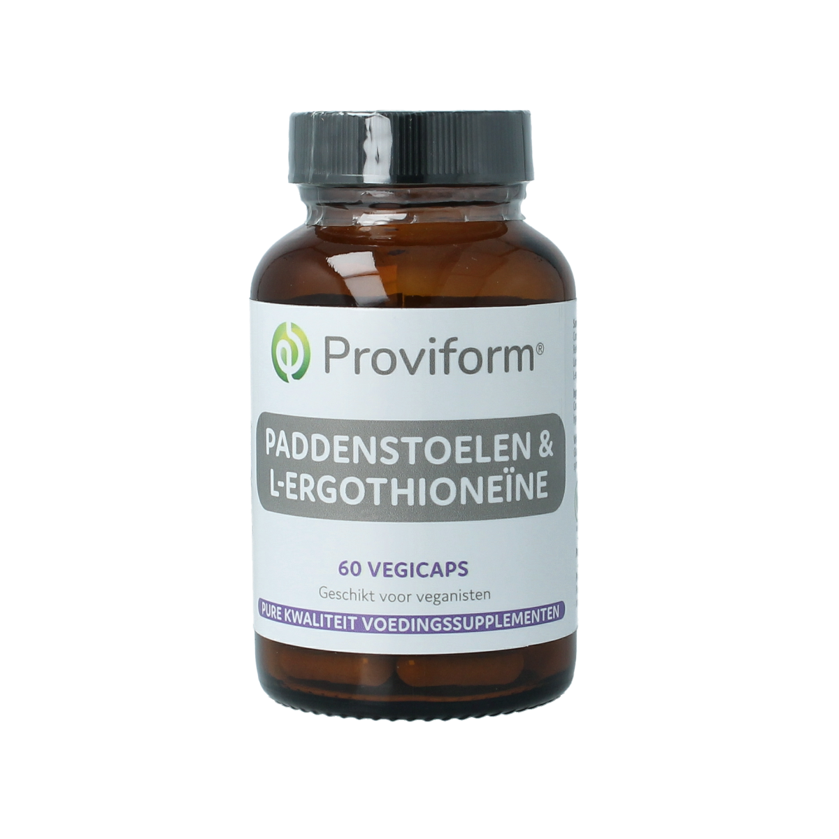 Proviform Paddenstoel + L-ergothioneine vegetarian capsules, herbal supplement in a clear bottle with capsules inside.