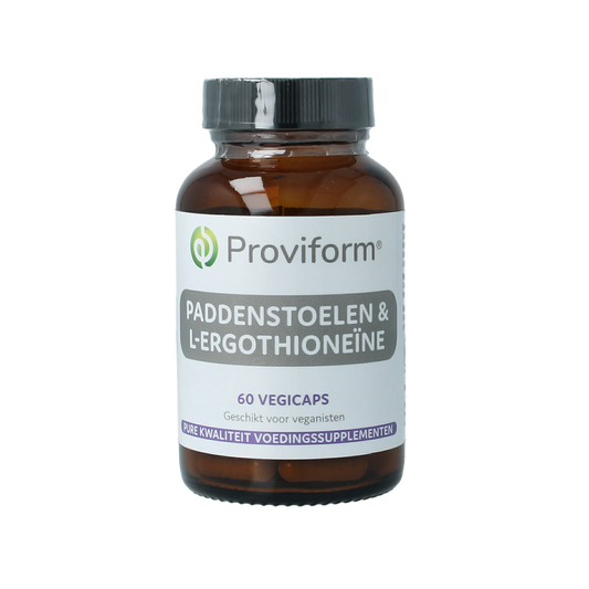Proviform Paddenstoel + L-ergothioneine vegetarian capsules, herbal supplement in a clear bottle with capsules inside.