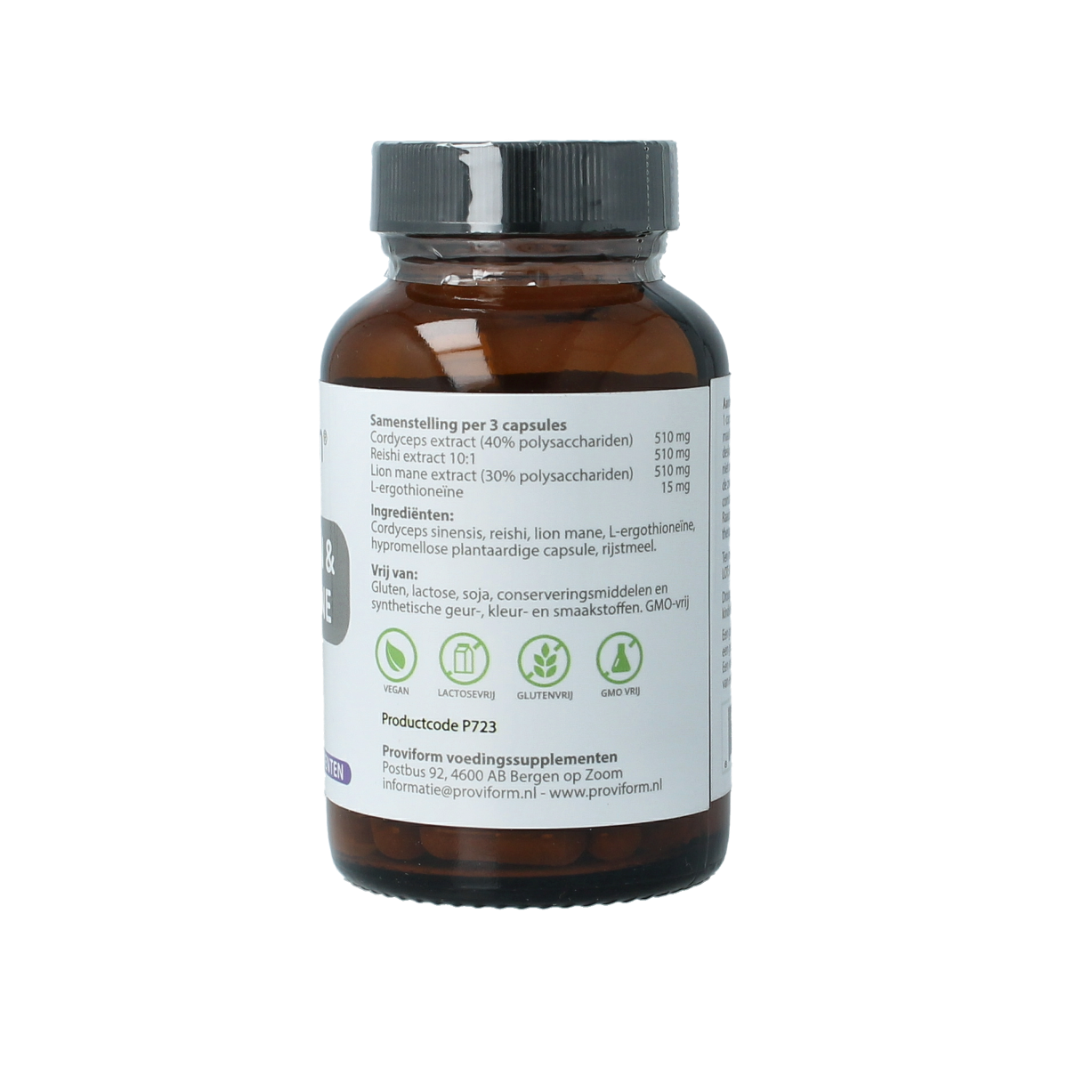 Proviform Paddenstoel + L-ergothioneine vegetarian capsules, herbal supplement in a blister pack, with mushrooms and capsules visible.