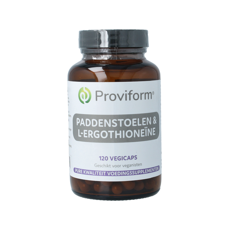 Proviform Paddenstoel + L-ergothioneine vegetarian capsules, herbal supplement in a clear container with capsules inside.