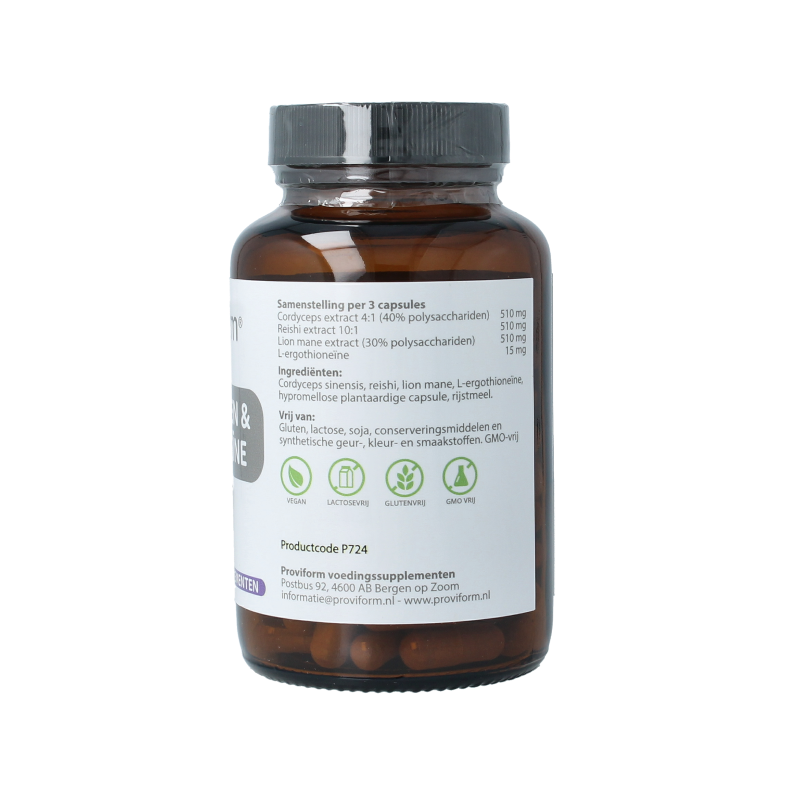 Proviform Paddenstoel + L-ergothioneine vegetarian capsules, herbal supplement in a clear bottle with a label.