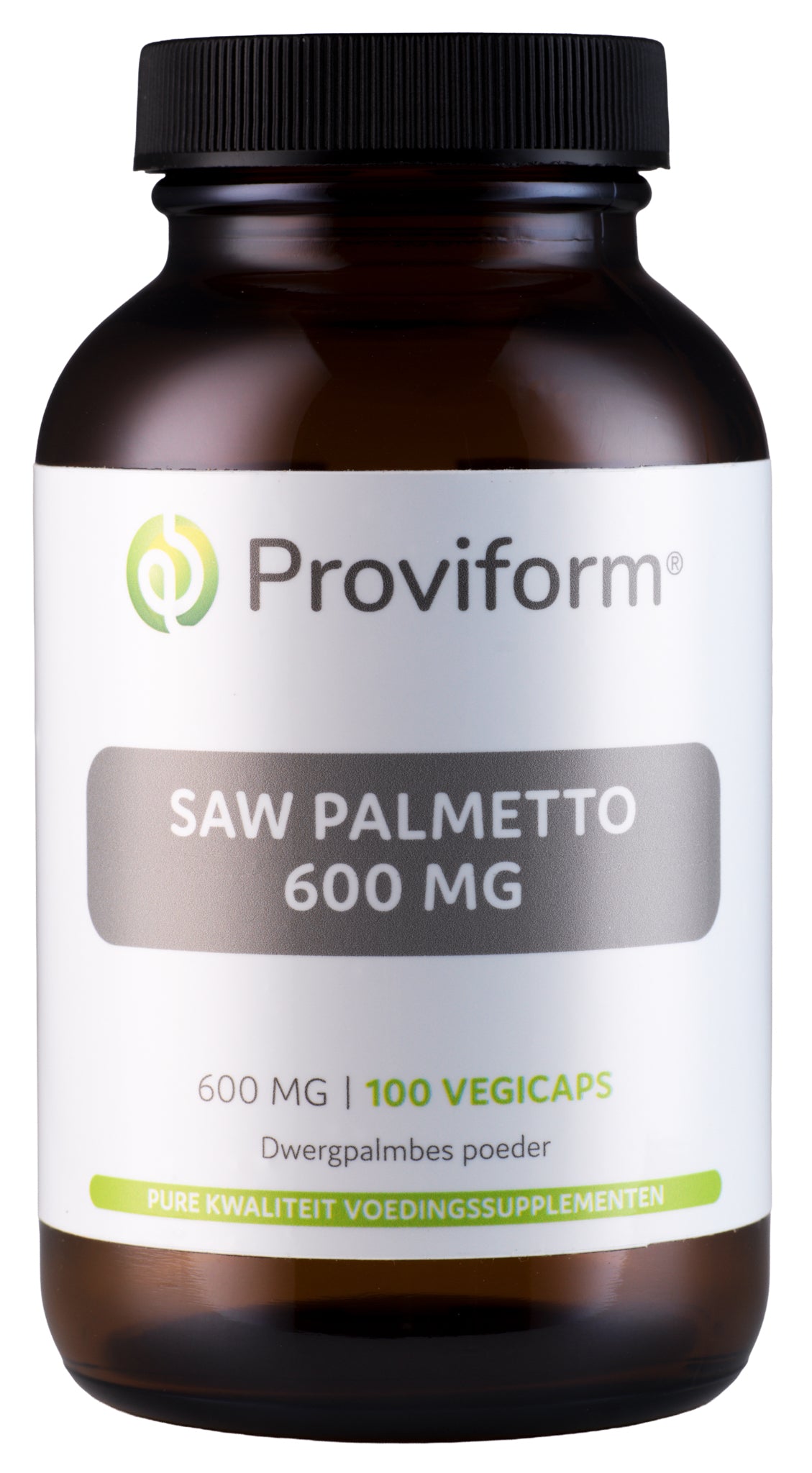 Proviform Saw Palmetto 600 mg vegetarian capsules, herbal supplement for prostate health, in a bottle with label showing capsules.