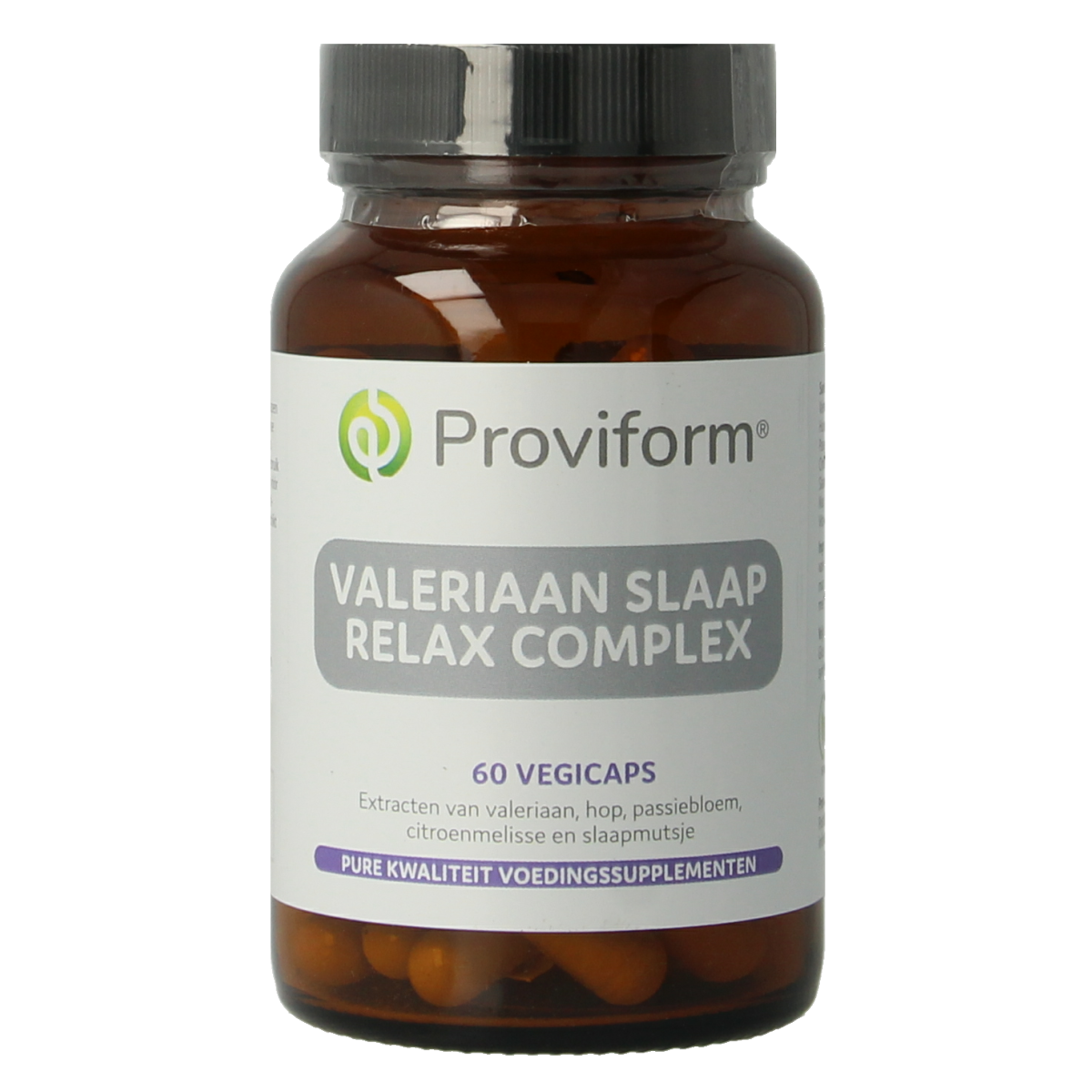 Proviform Valeriaan slaap relax complex vegetarian capsules in a bottle, herbal supplement for relaxation and sleep aid.