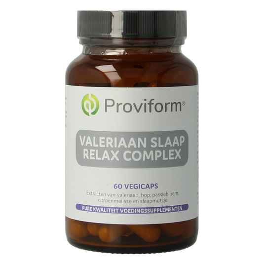Proviform Valeriaan slaap relax complex vegetarian capsules in a bottle, herbal supplement for relaxation and sleep aid.
