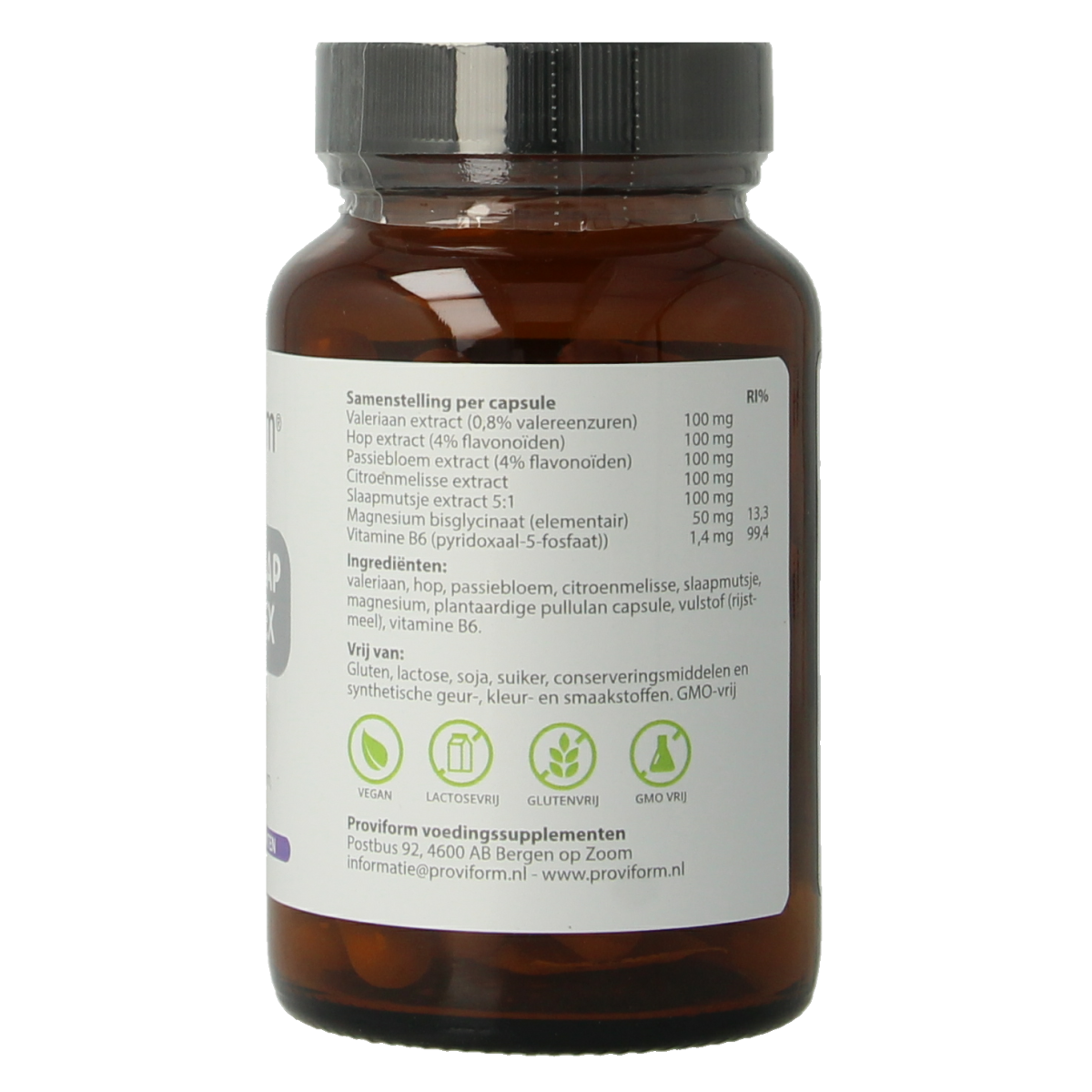 Proviform Valeriaan slaap relax complex vegetarian capsules in a bottle, herbal supplement for relaxation and sleep support.