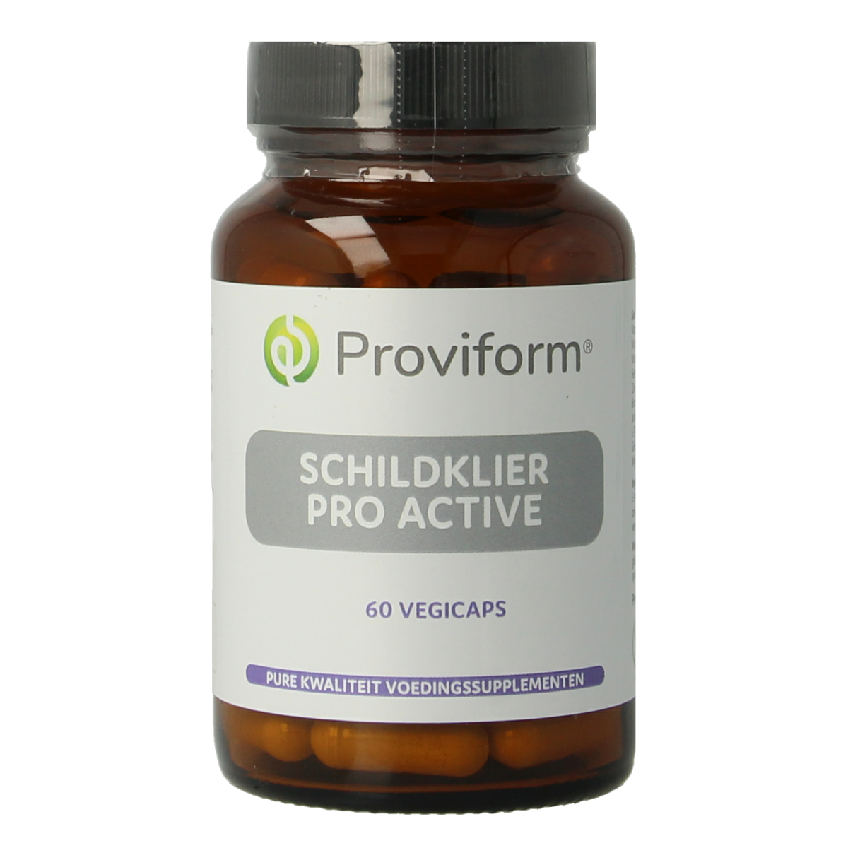 Provida Schildklier Pro Active vegetarian herbal capsules in a bottle, dietary supplement for thyroid support.