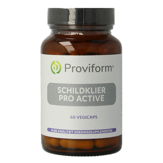 Provida Schildklier Pro Active vegetarian herbal capsules in a bottle, dietary supplement for thyroid support.