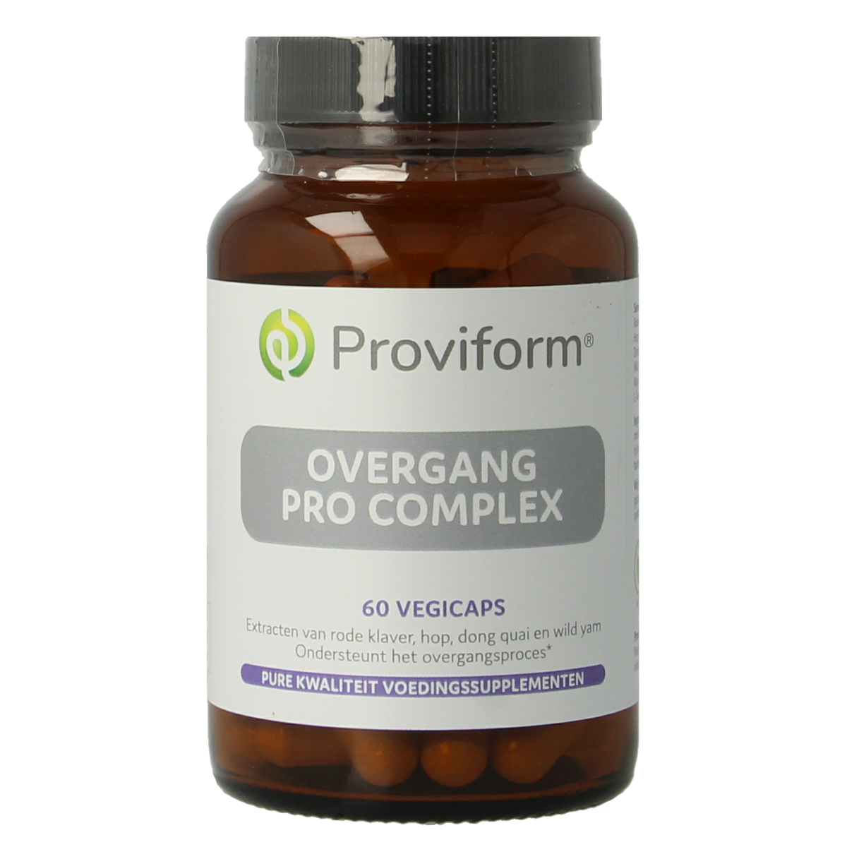 Proviform Overgang Pro Complex vegetarian capsules, dietary supplement in a transparent bottle with green label and capsules inside.