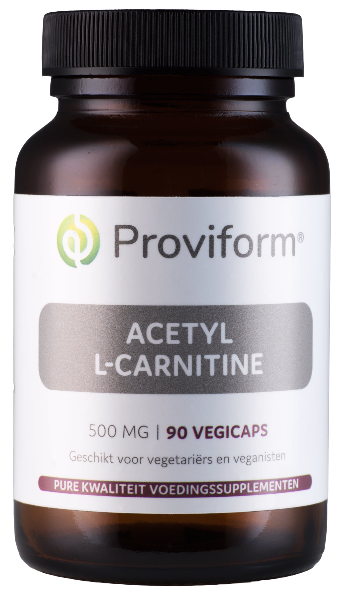 Proviform Acetyl-L-Carnitine 500mg vegetarian capsules, amino acid supplement, shown in clear bottle with capsules inside.