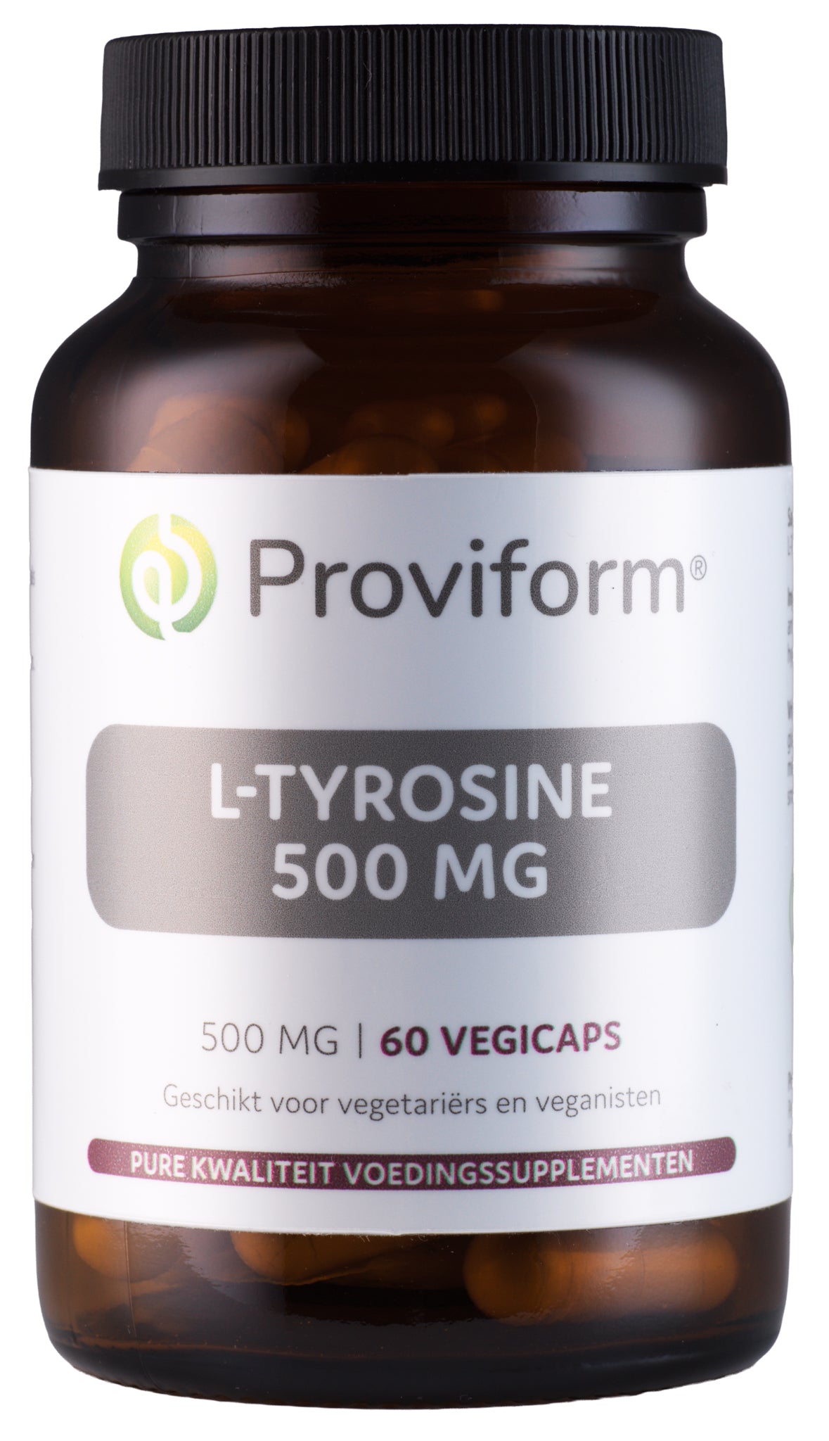 Proviform L-Tyrosine 500mg vegetarian capsules, amino acid supplement in a clear bottle with capsules visible inside.
