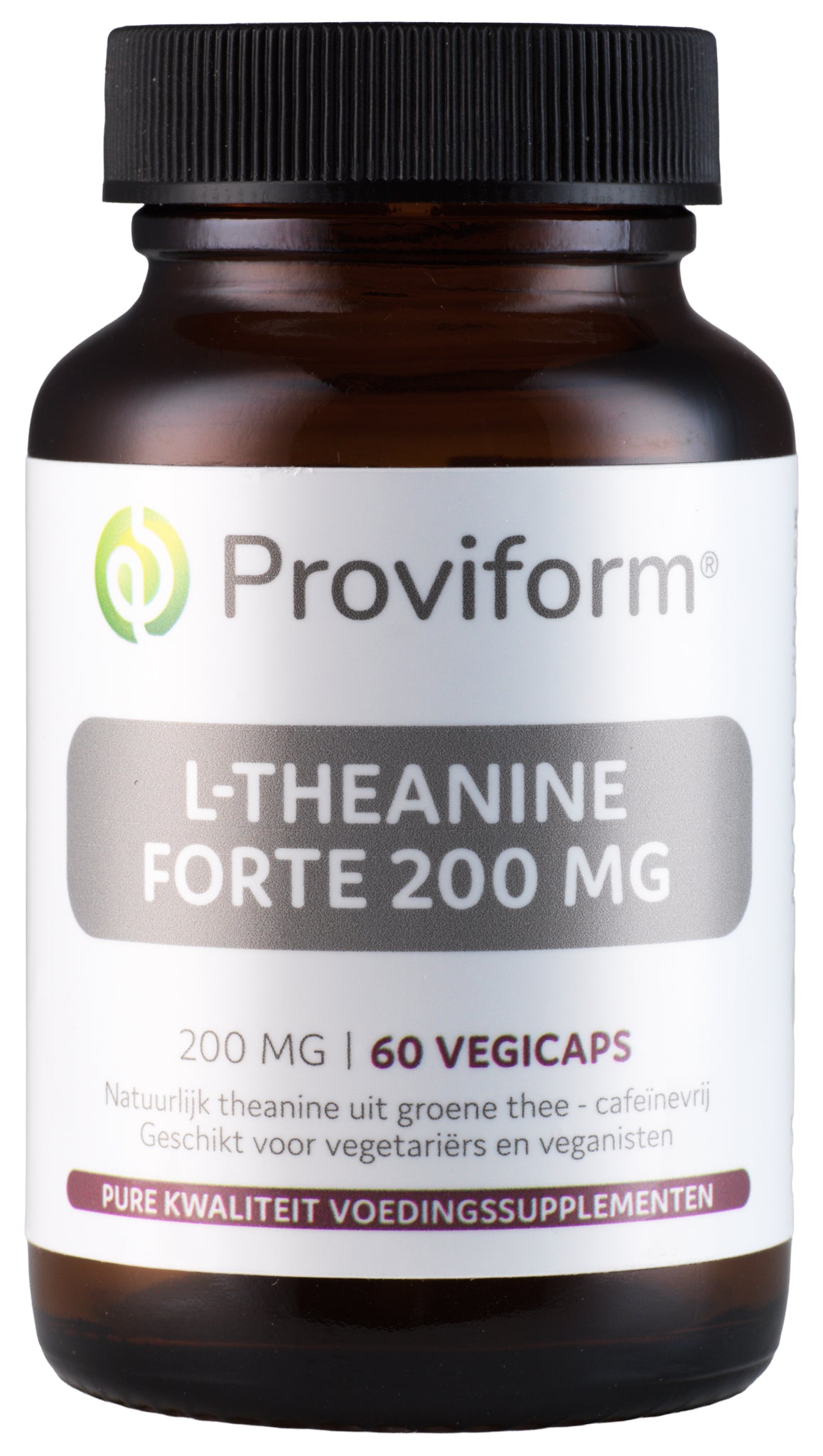Proviform L-Theanine Forte 200mg vegetarian capsules, amino acid supplement, shown in the image.