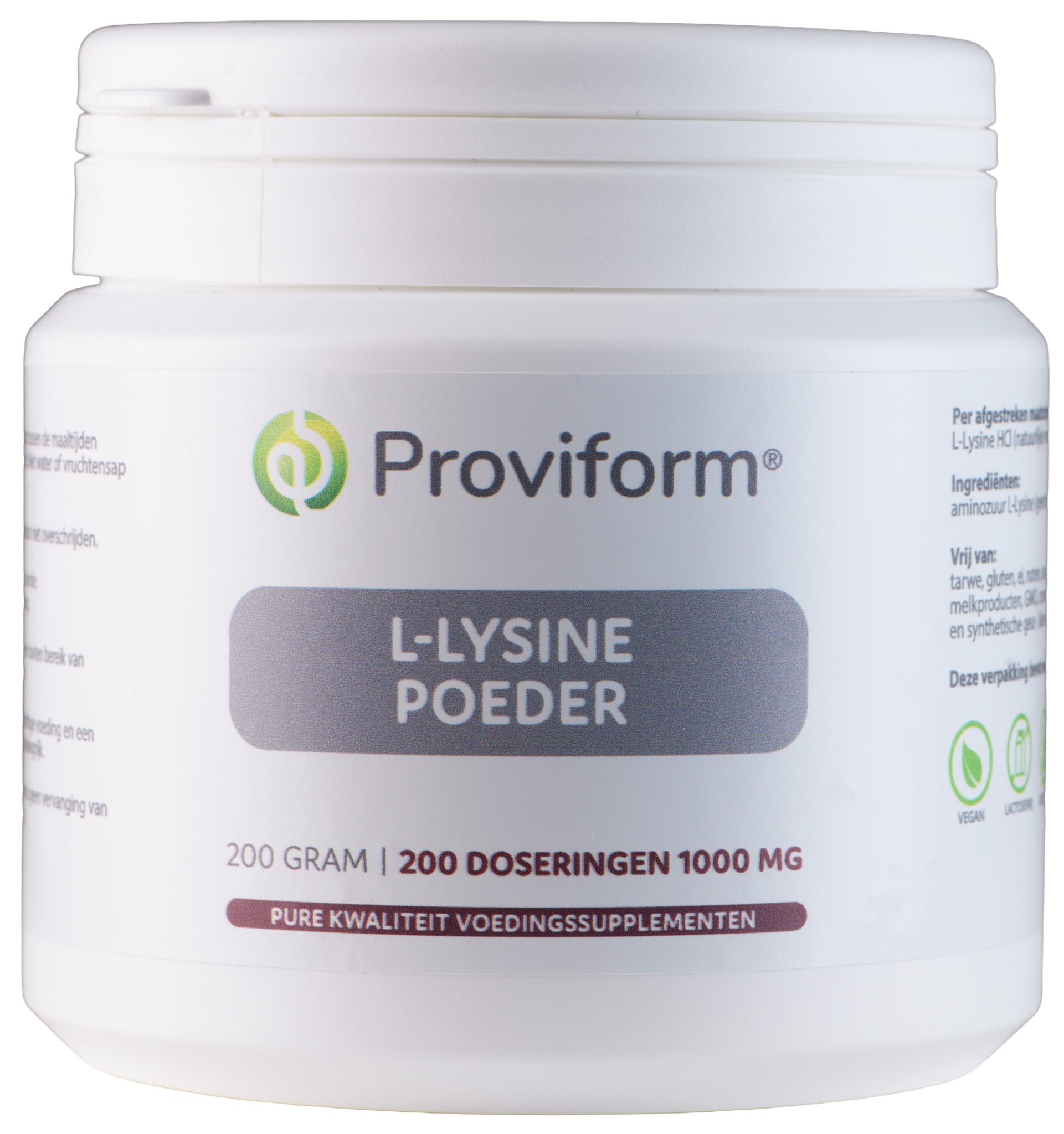 Proviform L-Lysine powder in a 200g container, an amino acid supplement, with the label visible on the packaging.