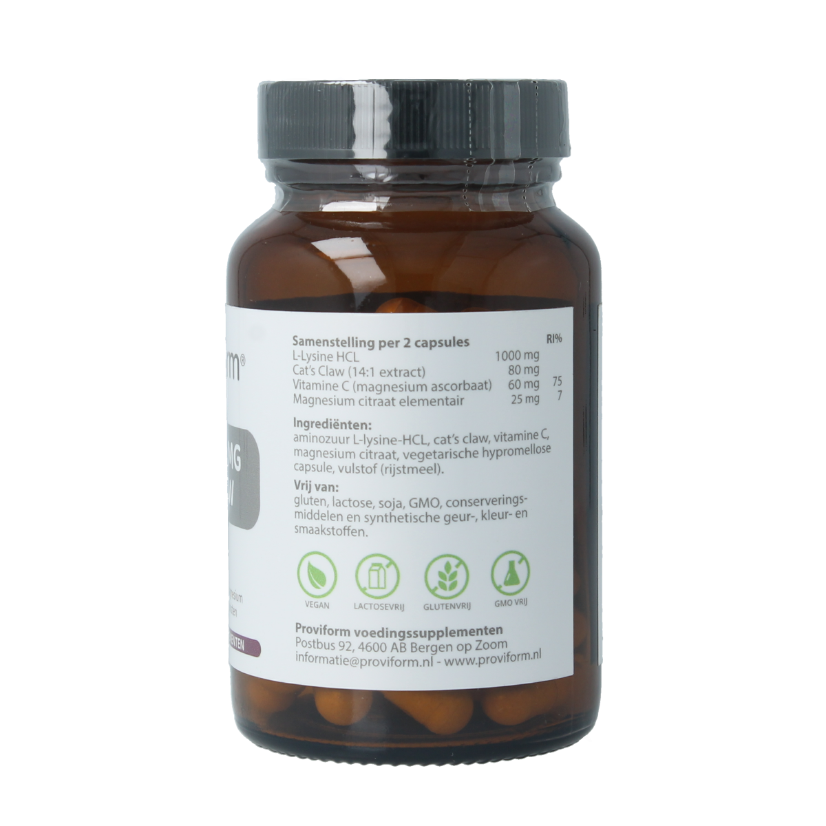 Proviform mineral supplement capsules containing L-Lysine 500mg and cats claw in vegetarian capsules.