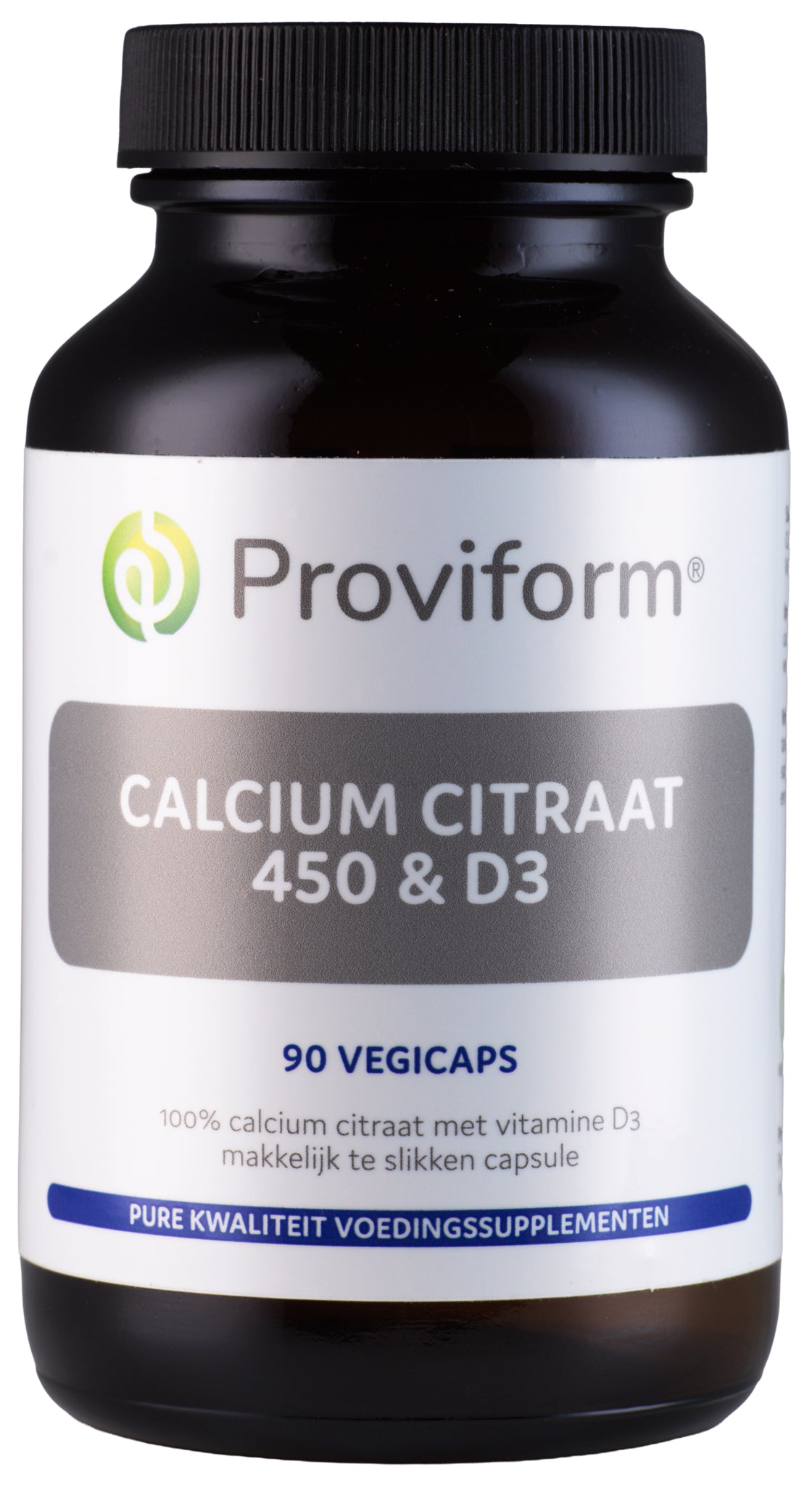 Proviform Calcium citraat 450 & D3 vegetarian capsules, mineral supplement with capsules shown in a bottle.