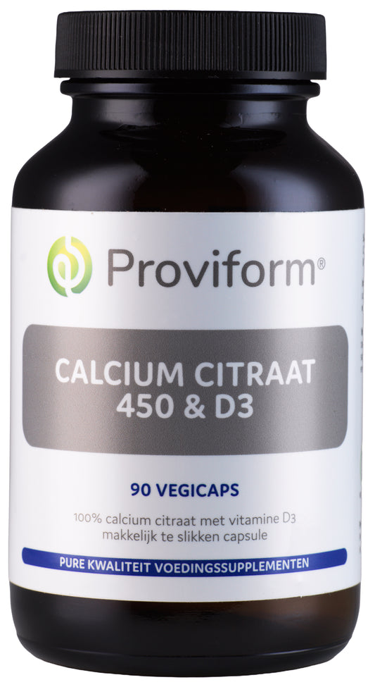 Proviform Calcium citraat 450 & D3 vegetarian capsules, mineral supplement with capsules shown in a bottle.