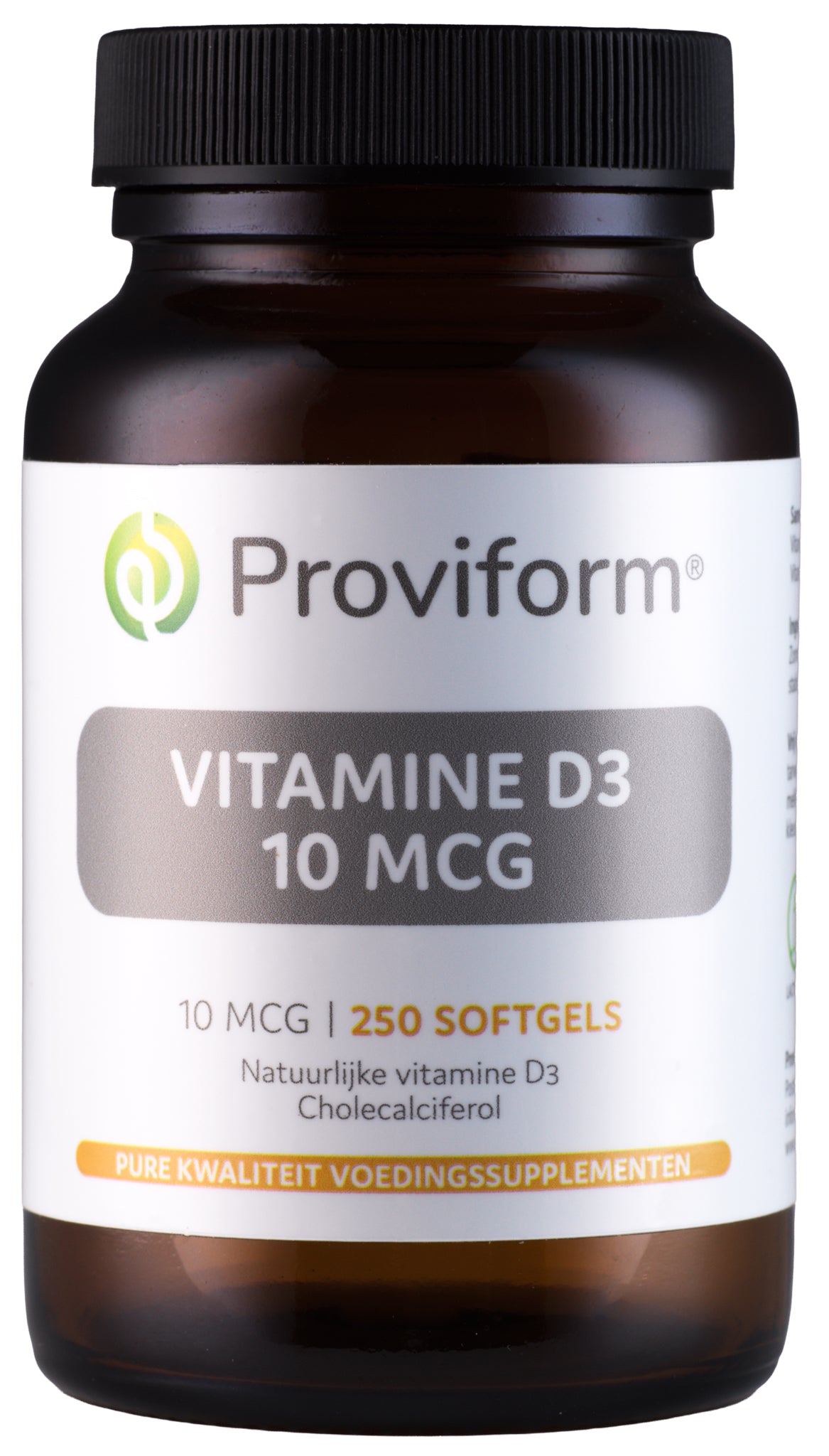 Proviform Vitamine D3 10mcg softgels, dietary supplement, close-up of the bottle showing softgel capsules.