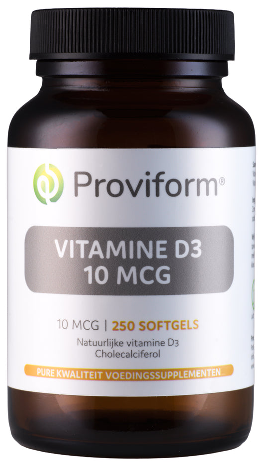 Proviform Vitamine D3 10mcg softgels, dietary supplement, close-up of the bottle showing softgel capsules.