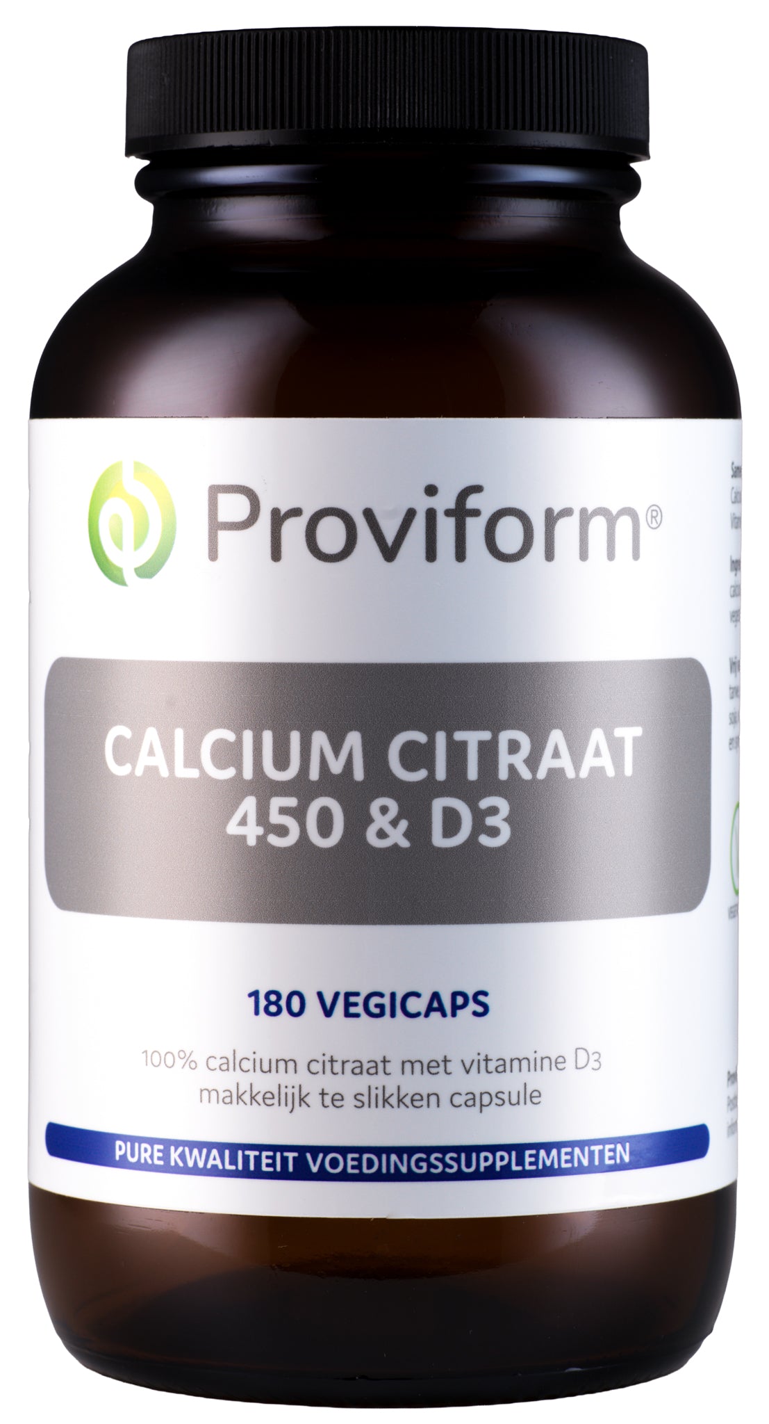 Proviform Calcium Citraat 450 & D3 vegetarian capsules, mineral supplement with yellow and white capsules in blister pack.