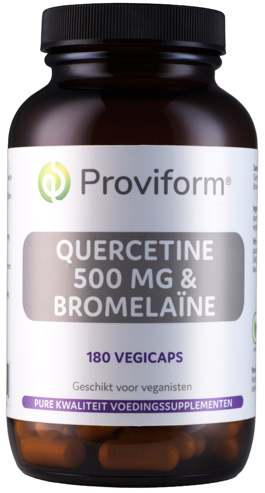 Proviform Quercetine 500mg and bromelain vegetarian capsules, herbal supplement in clear bottle with capsules inside.