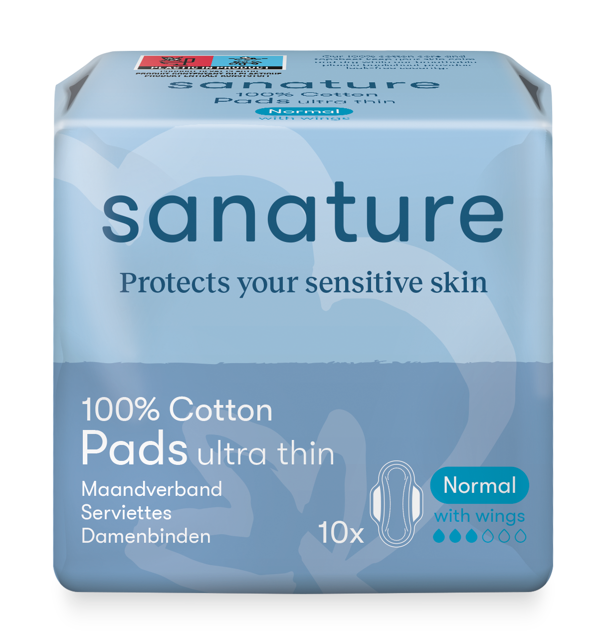 Sanature normal 100% cotton feminine pad with wings, pack of 10, for women’s menstrual protection, showing soft cotton material and wings.