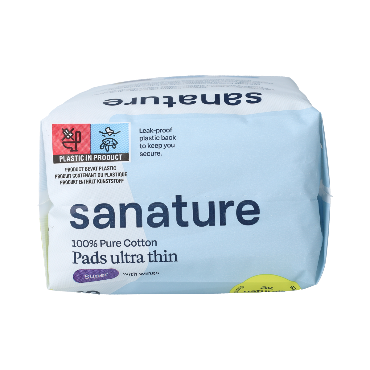 Sanature Maandverband super 100% katoen damesverband pack of 10, soft, breathable sanitary pads on a white background.