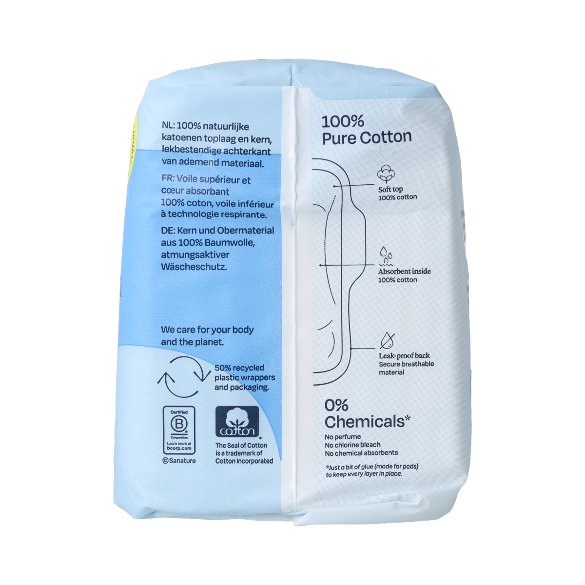Sanature Maandverband super 100% katoen damesverband, pack of 10, showing soft, breathable cotton material for feminine hygiene.