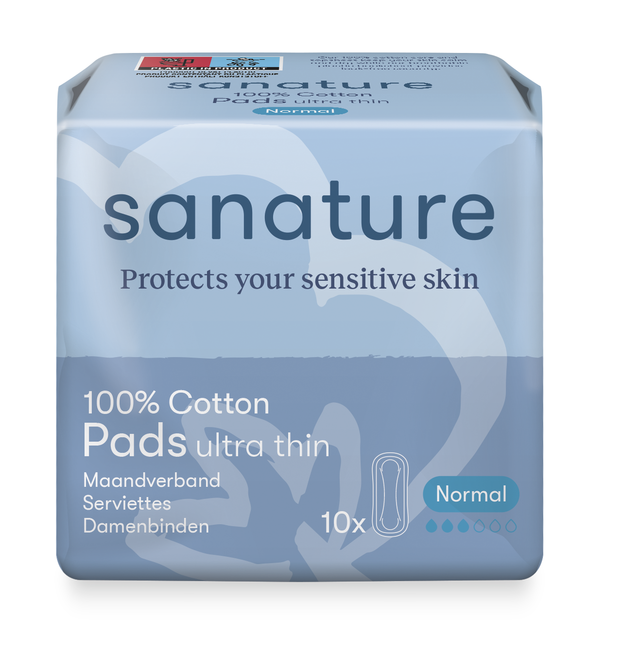 Sanature ultra normal 100% cotton menstrual pads for women, 10-pack, visible in the image with packaging and product details.