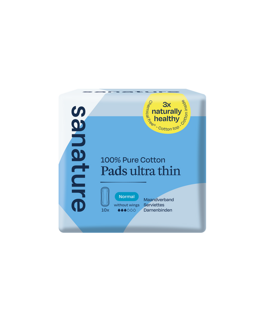 Sanature ultra normal 100% cotton menstrual pads for women, 10-pack, visible in the image with packaging and product details.