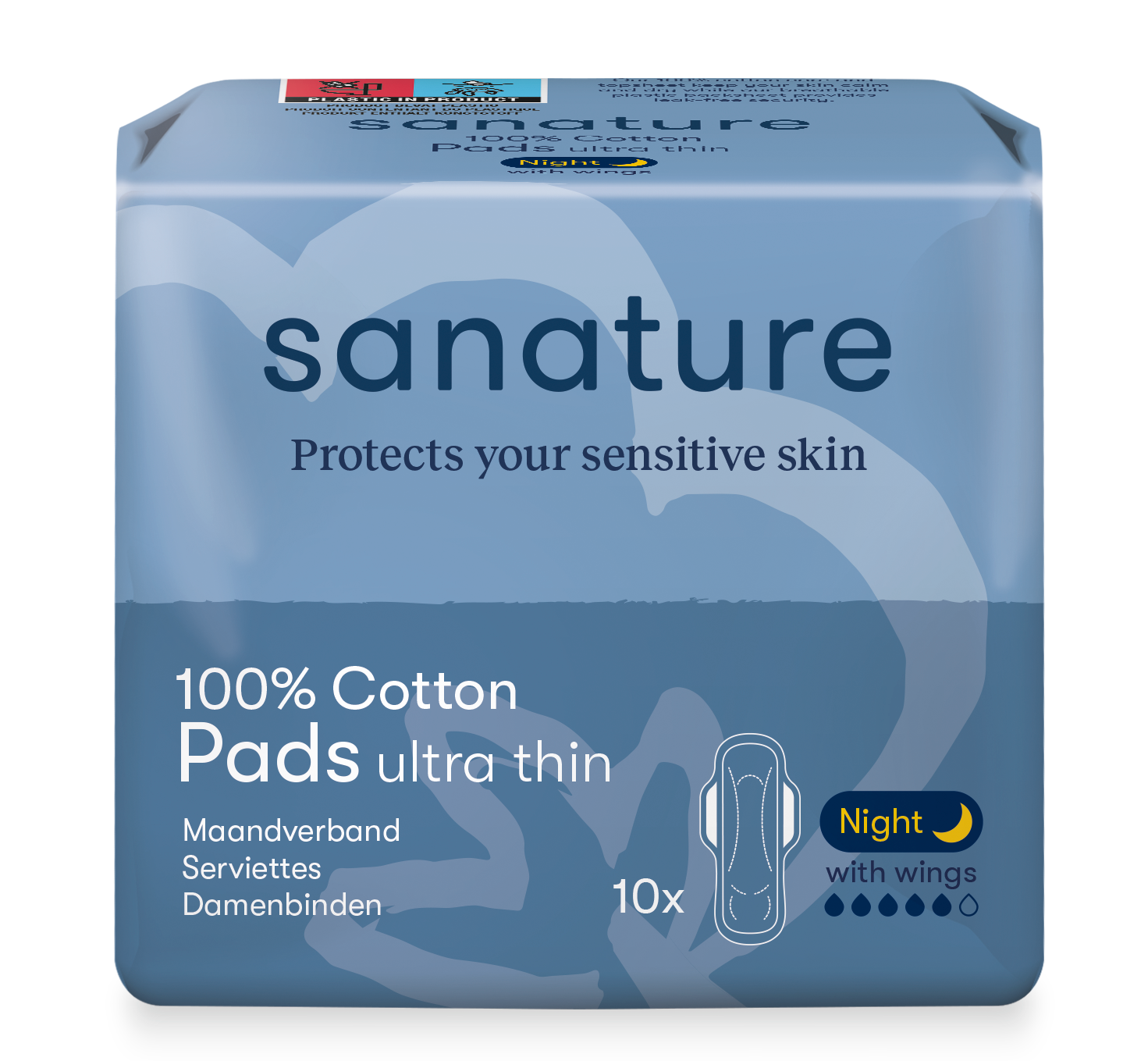 Sanature Maandverband ultra night in a pack of 10, feminine sanitary pad for overnight protection, designed for women.