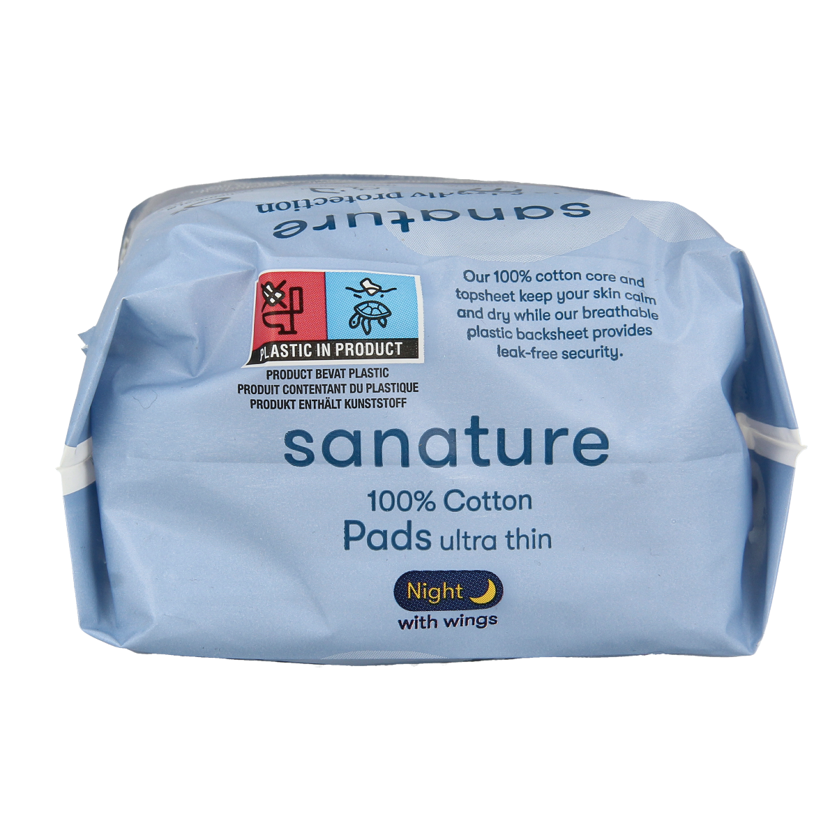 Sanature Maandverband Ultra Night, feminine menstrual pad pack with 10 ultra-absorbent night pads for women.