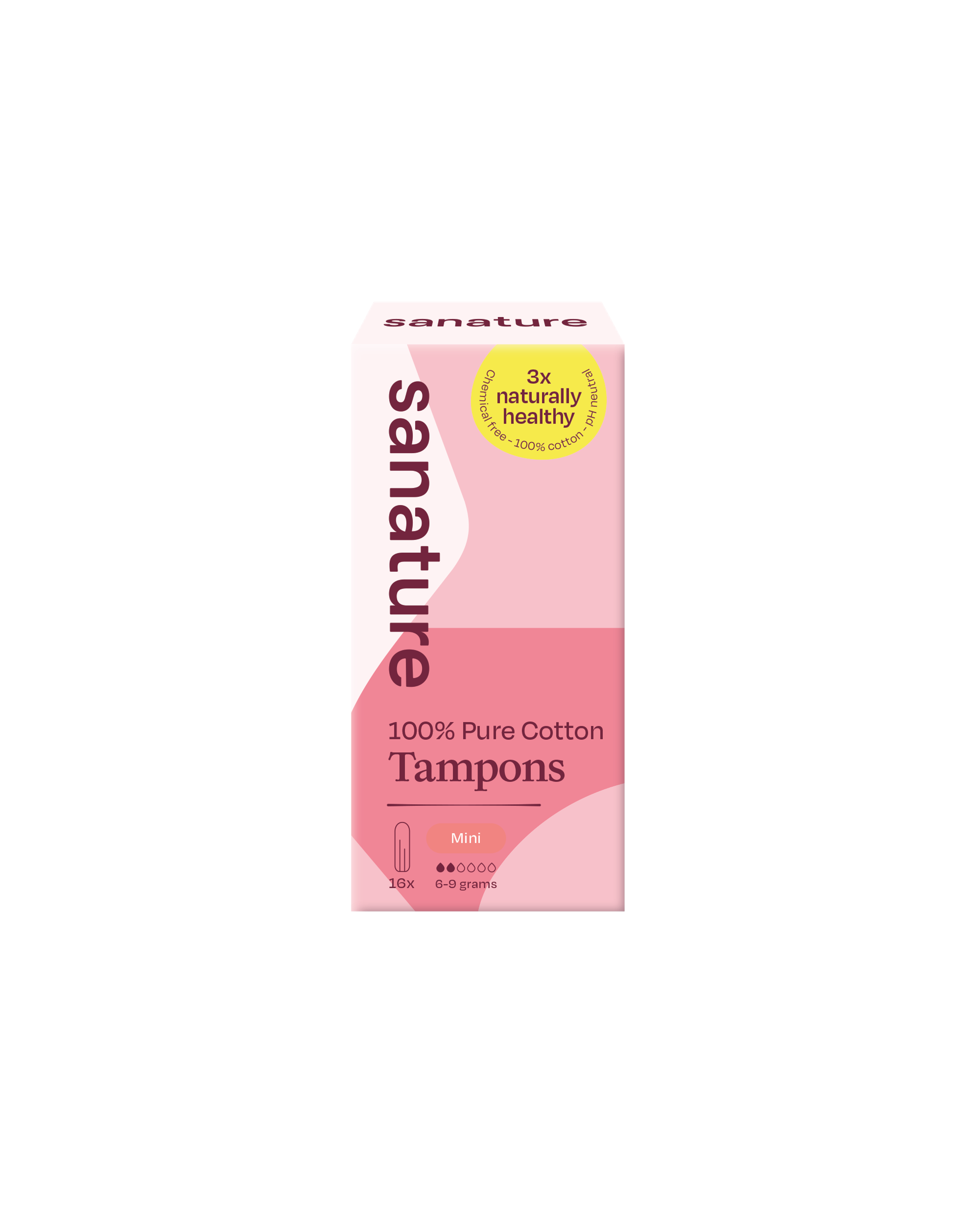 Sanature mini tampons for women, 16-pack, compact and discreet, designed for comfortable menstrual protection.