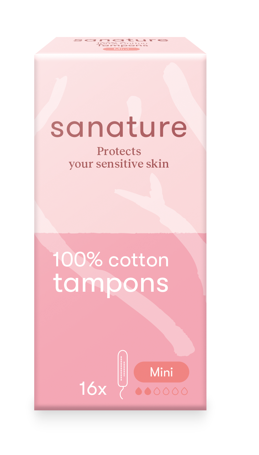 Sanature mini tampons for women, pack of 16, with applicator and discreet packaging shown in the image.