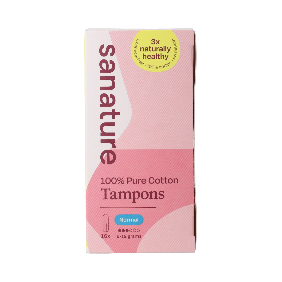 Sanature Tampons normal pack with 16 pieces, menstrual hygiene product for women, white tampon applicators and packaging.