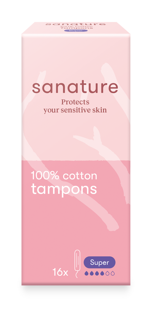 Sanature Super Tampons, 16-pack, feminine hygiene product designed for women, showing the tampon packaging and branding.