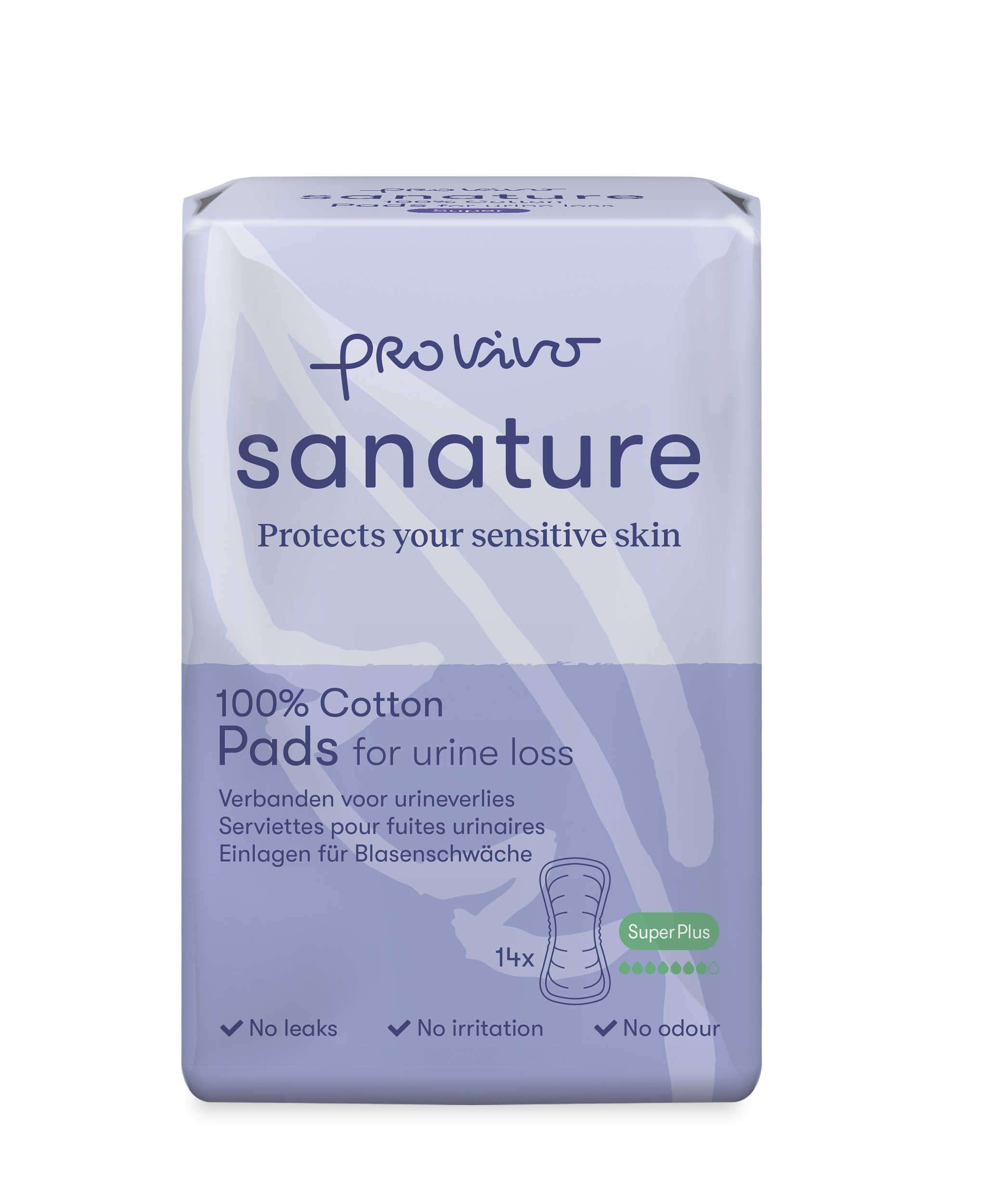 Sanature Pro Vivo super plus incontinence pads, 14-pack, showing soft, absorbent incontinence underwear for adults.