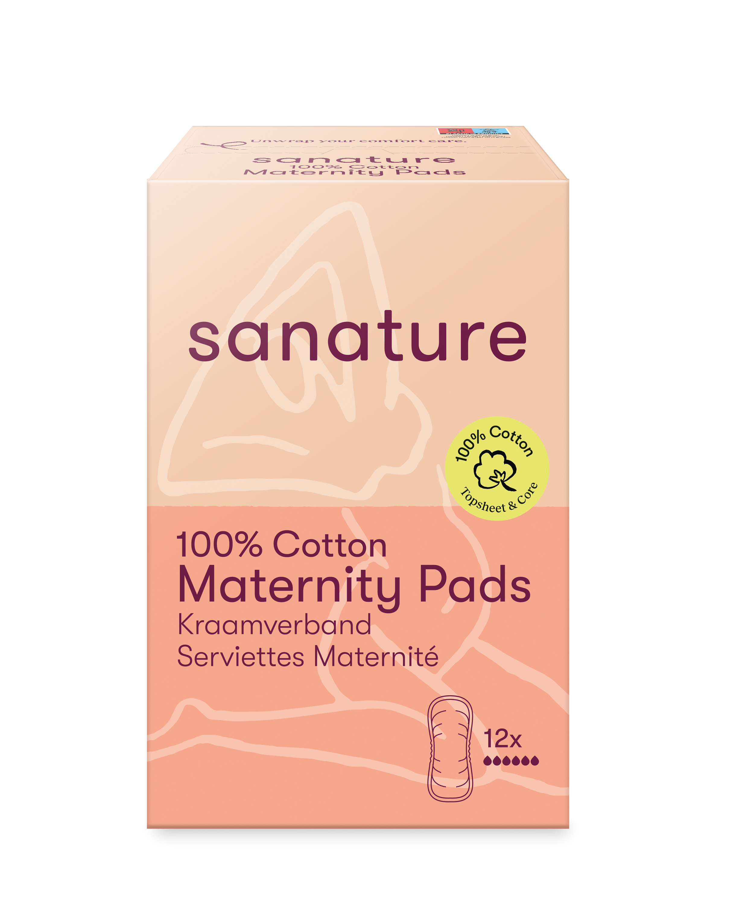 Sanature Kraamverband 100% katoen, 12 stuks, soft and absorbent postpartum pads for new mothers, ideal for kraamtijd recovery.